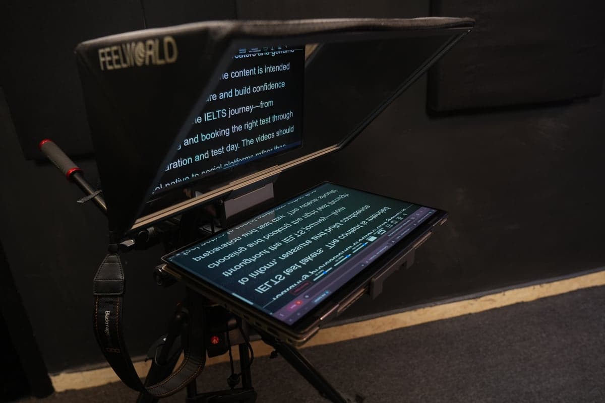 The teleprompter, with a script showing on its glass
