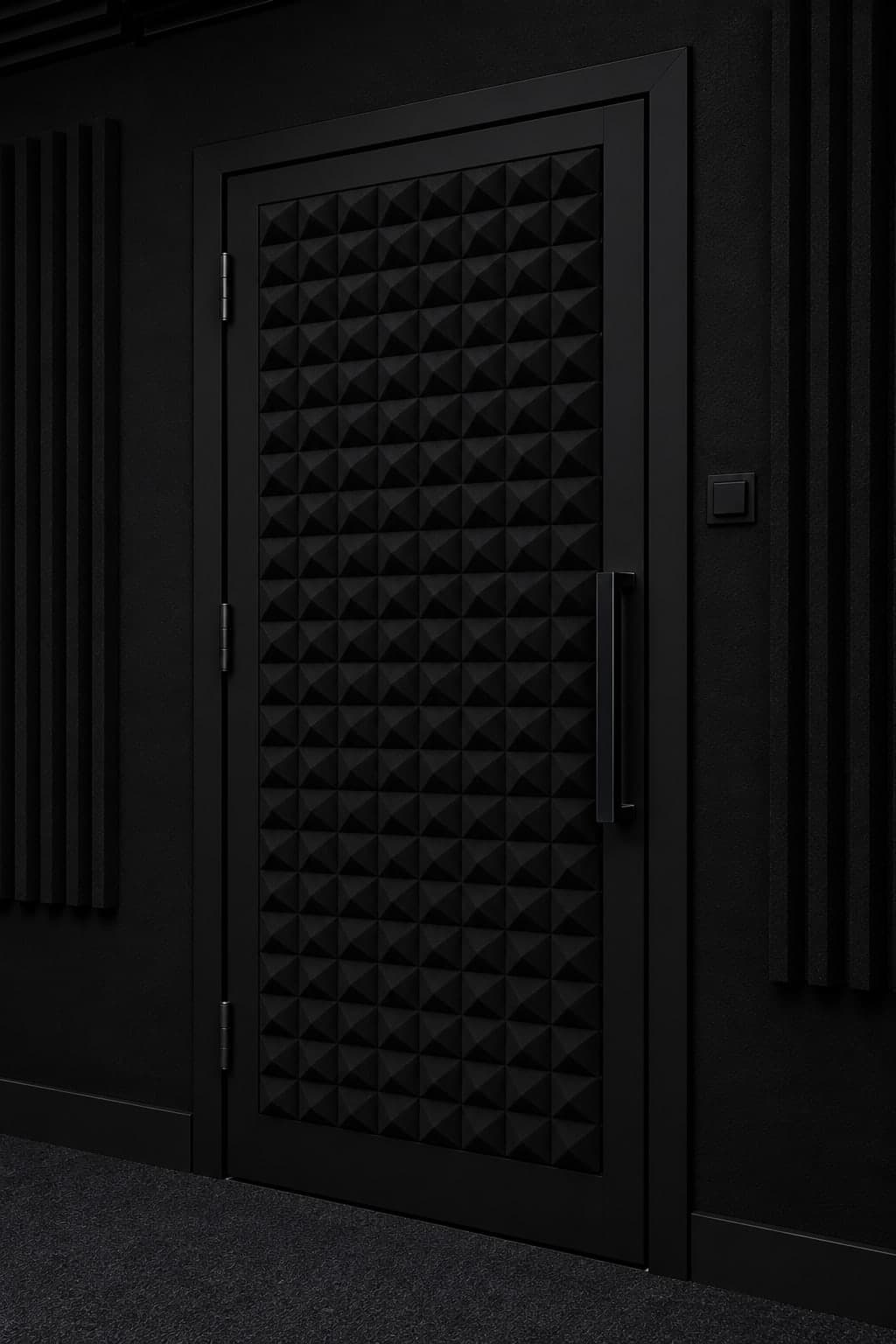 Close-up of the acoustic door’s foam-studded panel and long handle